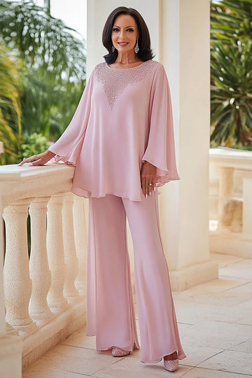 Scoop en mousseline de soie rose 2 pièces perlé mère de la mariée tailleurs pantalon à manches longues